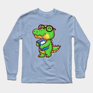 Cute Crocodile Holding Book School Cartoon Long Sleeve T-Shirt